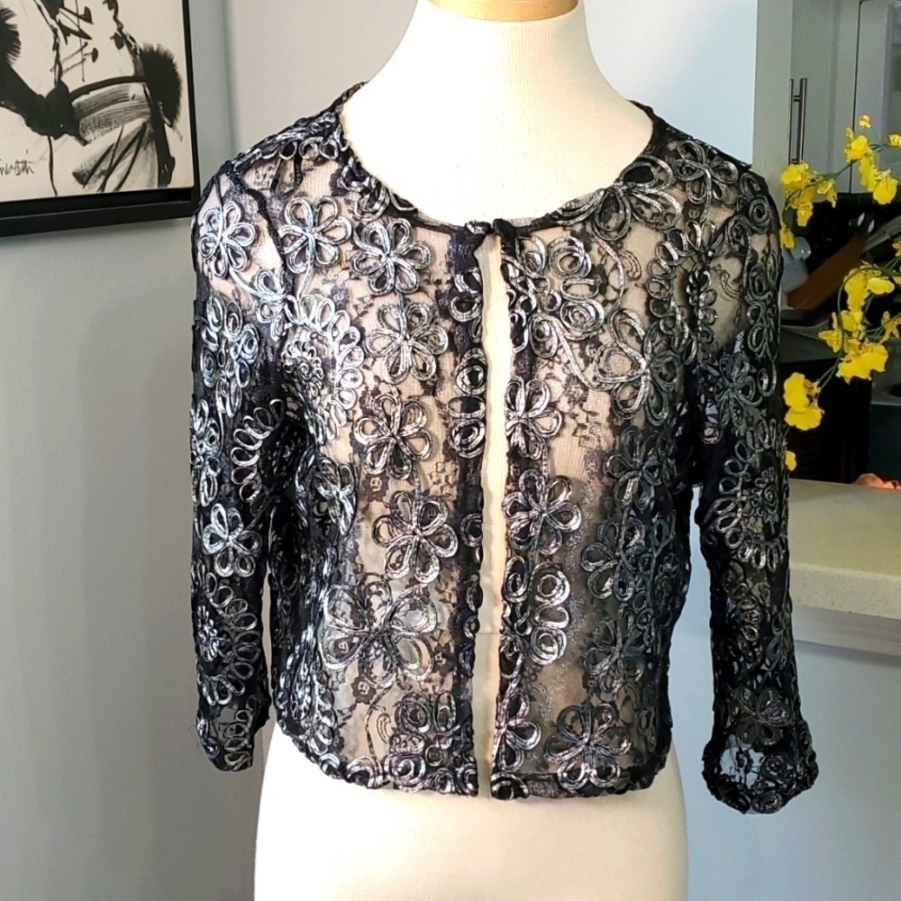 Nina Leonard,‎ sheer crop top jacket. Black with silver. Size medium. Great